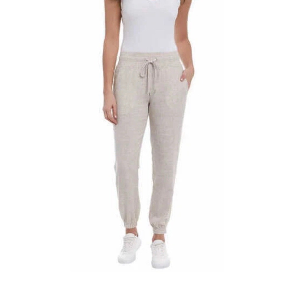 New Briggs Women's Size L Linen Blend Relaxed Fit Jogger Pants Beige Pockets